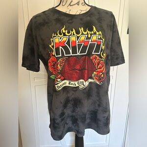 Women’s 💋 Kiss Detroit Rock City ‘76 Flames Lips Tie Dye Crewneck T-shirt